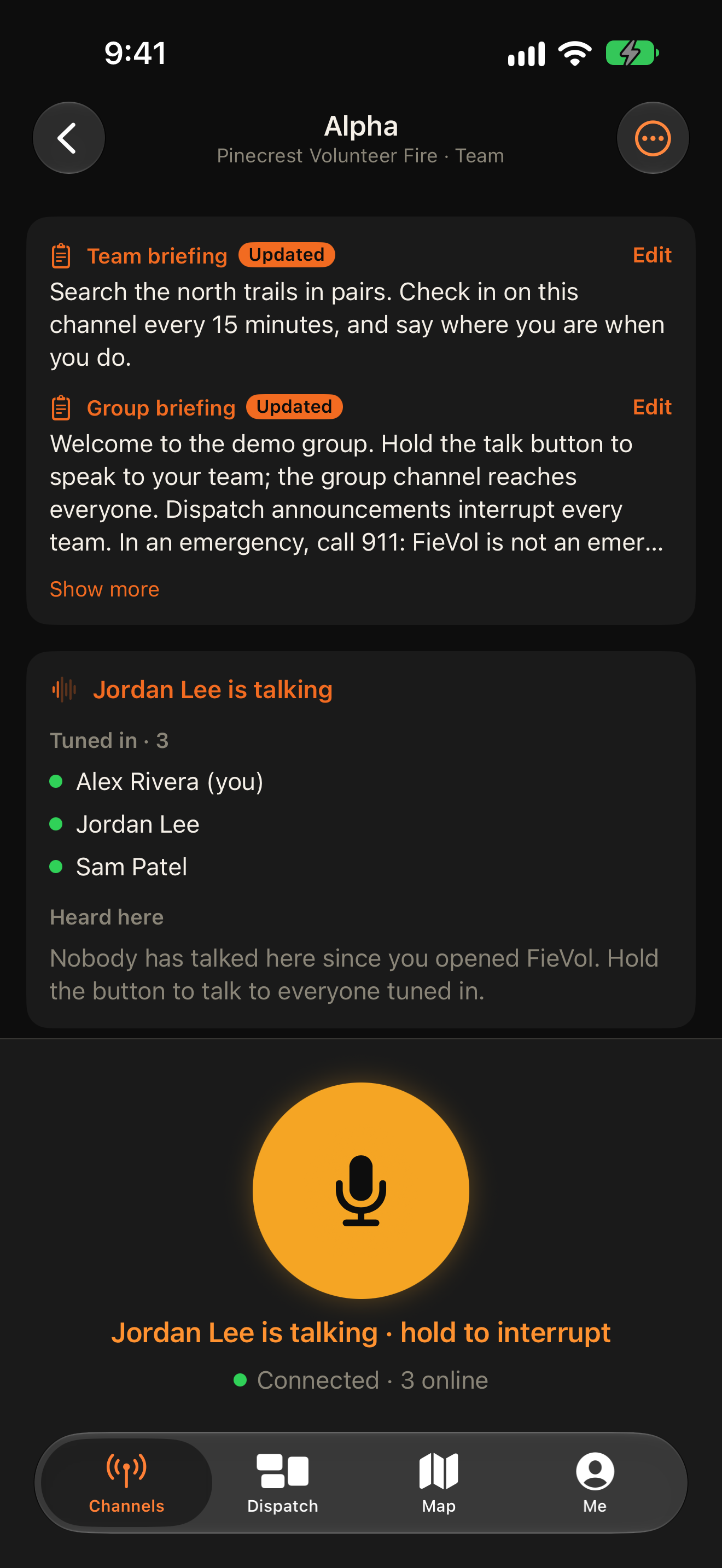FieVol team channel with briefing, member list and push-to-talk button