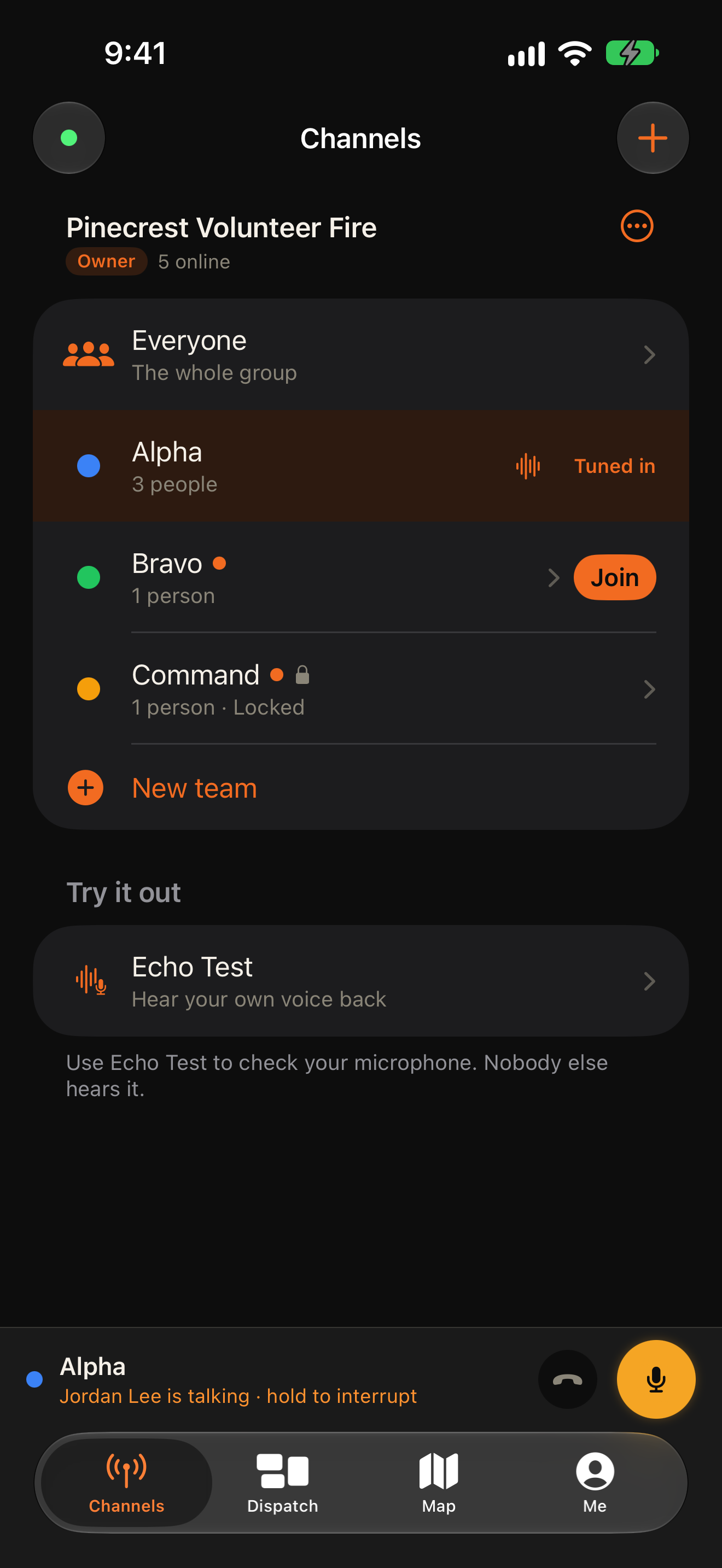 FieVol Channels screen showing a group's channel, teams and Echo Test