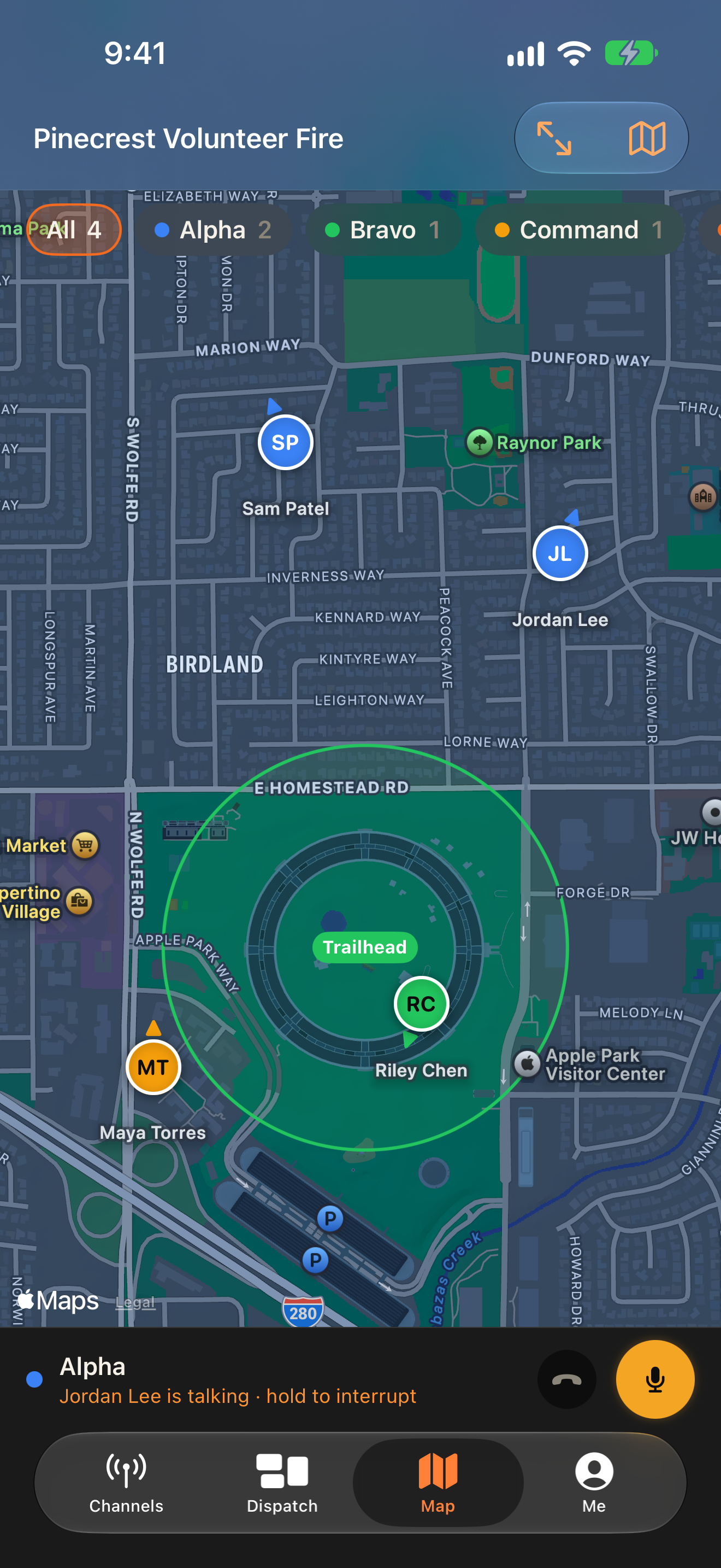 FieVol Pro map showing team members and a Trailhead zone